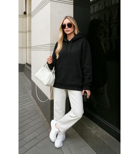 Kadın Kapüşonlu Cepli Siyah Tunik Sweatshirt