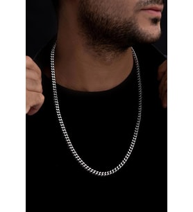 Erkek Kolye - Kare Kesim Model Erkek Çelik Kolye - Gümüş Renk - 5 Mm Kalınlık - Paslanmaz Çelik