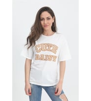 T-shirt Kabartma Baskı Bisiklet Yaka - Bej