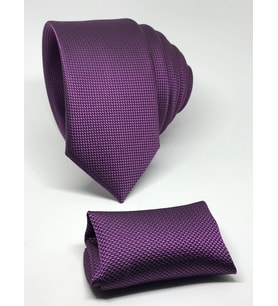Mor Renk Mendilli Slim Fit Oxford Kuş Gözü Desen Kravat