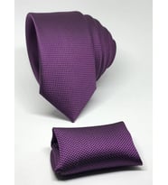 Mor Renk Mendilli Slim Fit Oxford Kuş Gözü Desen Kravat