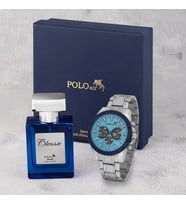 Polo Air Erkek Kol Saati 55ml Parfüm Hediyelik Kutusunda Kombin Gümüş Mavi Renk PL-7010E2 (Mavi-Gümüş)