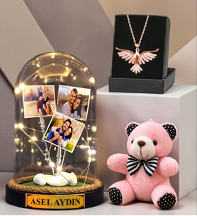 Kişiye Özel Tasarım Hediye Sepeti Led Işıklı Fanus, Peluş Anahtarlık ve Anka Kuşu Kolye