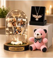 Kişiye Özel Tasarım Hediye Sepeti Led Işıklı Fanus, Peluş Anahtarlık ve Anka Kuşu Kolye