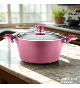 ARZU ÇELİK 28 Cm Granit Derin Tencere Cam Kapak - Mürdüm