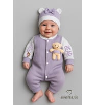 BABYDEN'S Teddy Bear Temalı Yenidoğan Fitilli Tulum Takımı Ayıcıklı Kız Bebek Tulum Şapka Set %100 Pamuk (Lila)