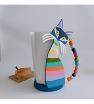 Renkli Kedi Ahşap Kağıt Havluluk El Yapımı