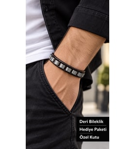 Corsavio Steelstep Siyah Deri Erkek Bileklik - Metal Bloklu Örgü Detay