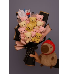 Kişiye Özel Resimli 11 Adet Ayıcık Buketi - 25cm Capybara Hediyeli (Kırmızı)