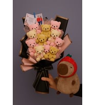 Kişiye Özel Resimli 11 Adet Ayıcık Buketi - 25cm Capybara Hediyeli (Kırmızı)