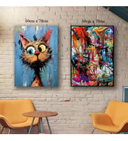 şaşkın kedi renkli karalama tablo resim kanvas 2 adet 50x70