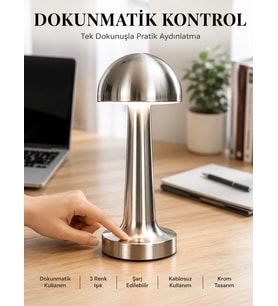 Mantar Masa Lambası Dokunmatik 3 Renk Işık Şarjlı Kablosuz Modern Krom Tasarım Yeni Nesil