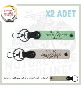 Motorcu Tarzına, İsim Plaka ve B Rh (-) Kan Grubu Yazılı Hediyelik x2 Anahtarlık Set, Yeşil-Pudra-SK (Çok Renkli)