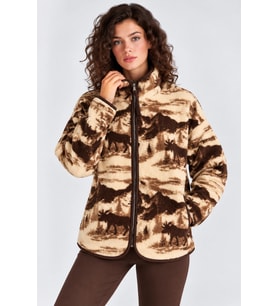 Kadın Biyeli Detaylı Desenli Fermuarlı Polar Ceket & Cepli Kışlık Sweatshirt - Kahverengi-Bej