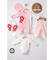 Mulvxbby Bby02 Kelebek Nakışlı Puanlı Tulumlu % 100 Pamuk Kız Bebek 5'Li Set (Mulvix)