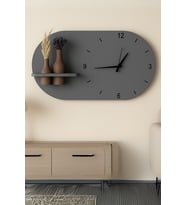 Modern Tasarım Raflı Nera Duvar Saati 75x45 (Düz Gri)