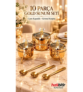 ByMyHand Gold Renk Paslanmaz Çelik Cam Kapaklı Kristal Kulplu 10 Parça Sunum Seti Tuzluk & Karabib