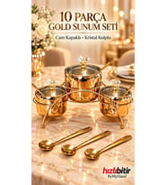 ByMyHand Gold Renk Paslanmaz Çelik Cam Kapaklı Kristal Kulplu 10 Parça Sunum Seti Tuzluk & Karabib