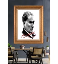 Altın Varaklı Çerçeveli Paspartulu Atatürk Tablo TR1166 (Gold)