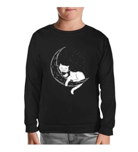 Black Cat Reading on the Moon Siyah Çocuk Sweatshirt