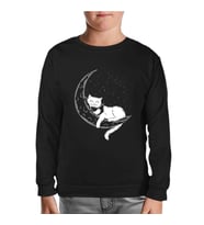 Black Cat Reading on the Moon Siyah Çocuk Sweatshirt