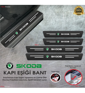 Skoda  Logolu Karbon Kapı Eşiği Koruyucu Suni Deri 4'lü Set