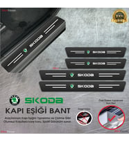 Skoda  Logolu Karbon Kapı Eşiği Koruyucu Suni Deri 4'lü Set