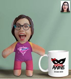BK Gift Kişiye Özel Fotoğraflı Pembe Süper Anne Bebek Yastık ve Kupa Bardak Hediye Seti-6, Anneye Hediye, Anneler Günü Hediyeleri