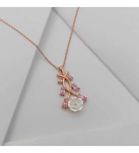 Gümüş Taşlı Yaprak Ve Beyaz Çiçek Model Kolye 925 Ayar (Karışık)
