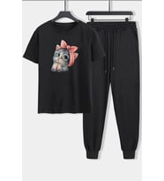 Unisex Sevimli Kedi Baskılı 2'li Eşofman Takımı (Siyah)