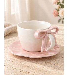 Valkyrie Ribbon Serisi 2 Parça 380 ml Pembe Fiyonklu Tabaklı Çay Kahve Kupa Fincan Seti