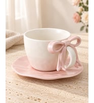 Valkyrie Ribbon Serisi 2 Parça 380 ml Pembe Fiyonklu Tabaklı Çay Kahve Kupa Fincan Seti