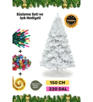 Premium Süsleme Set Yılbaşı Beyaz Çam Ağacı Renkli Işığı Yeni Yıl Süsleri Noel Paketi 150 Cm 220 Dal