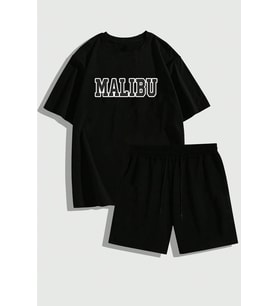 Unisex Malibu Baskılı Şort Takım (Siyah)