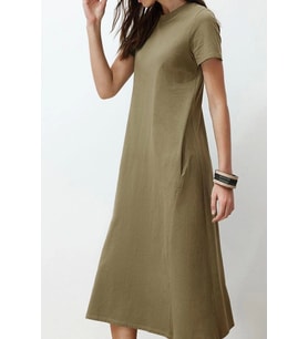 Moda Stil Relaxed Bisiklet Yaka Midi Boy Cepli Premium A-Line Örme Elbise (Haki)