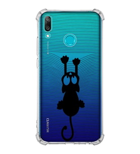 Huawei Y9 2019  Köşe Korumalı Antişok Kapak Çizgi Kedi (Siyah) Tasarımlı Şeffaf Kılıf