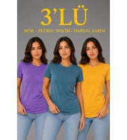 3’lü Kısa Kollu Bisiklet Yaka Basic Slim Fit T-Shirt - Mor - Petrol Mavisi - Hardal
