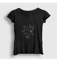 Presmono Kadın Siyah Moon Cat Space Uzay T-Shirt 283093tt