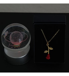 Satürn Model Cam Küre Işıklı & Gül Kolye Özel Kutulu Set