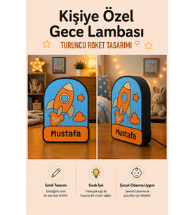 Kişiye Özel İsimli Turuncu Roket Gece Lambası Sıcak Işıklı Çocuk ve Bebek Odası Dekoru