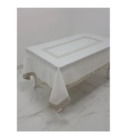 Gonca Jakar Bordürlü Keten Kumaş Krem Masa Örtüsü 160x230 Cm  1133