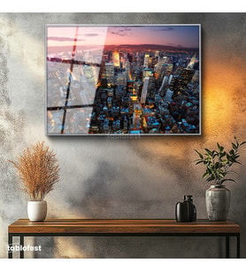 Gümüş Renk Metal Çerçeveli Tamperli Cam Tablo New York Manhattan Şehir Manzarası Şehir Mimari Tablo Duvar Dekoru