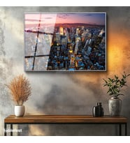 Gümüş Renk Metal Çerçeveli Tamperli Cam Tablo New York Manhattan Şehir Manzarası Şehir Mimari Tablo Duvar Dekoru