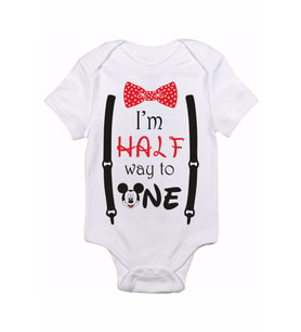 Erkek Bebek Beyaz Half Birthday Mickey Mouse Baskılı Bebek Body