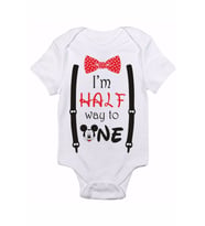 Erkek Bebek Beyaz Half Birthday Mickey Mouse Baskılı Bebek Body