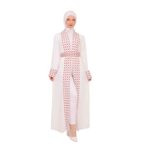  Geniş Kollu Filistinli Kefiye Nakışlı Kadın Geniş Abaya M-3xl C100034 (Beyaz - Beyaz)