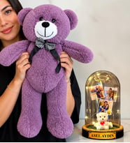 Kişiye Özel 3 Fotoğraflı Yazılı LED Işıklı Fanus ve Büyük Mor Peluş Ayıcık (beyaz ayıcıklı)