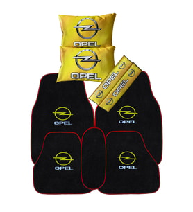 Opel Uyumlu 5'li Oto Halı Paspas & Dijital Baskılı Sarı Araç Boyun Yastığı & Emniyet Kemer Pedi