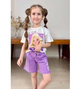 Kız Çocuk Papatya Ve The Beauty Yazı Baskılı Penye T-Shirt Lila Şortlu Takım