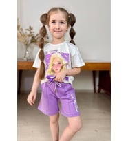 Kız Çocuk Papatya Ve The Beauty Yazı Baskılı Penye T-Shirt Lila Şortlu Takım